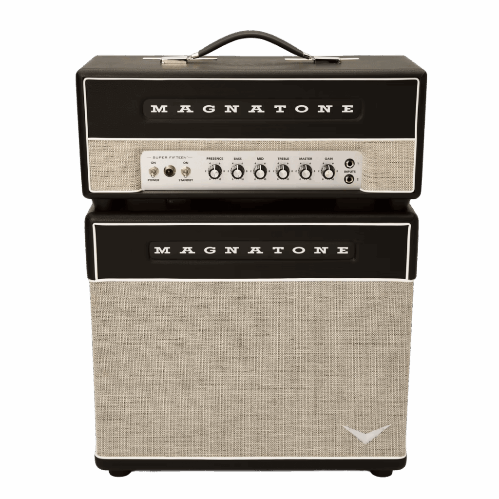 Magnatone Super Fifteen amplifier with controls and speaker, British chime guitar amp